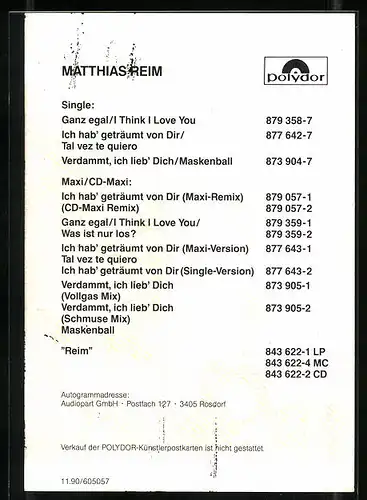 AK Musiker Matthias Reim im Porträt, original Autograph