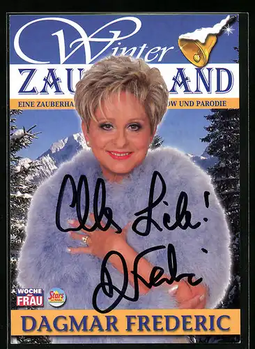AK Musikerin Dagmar Frederic im Pelzmantel, original Autograph