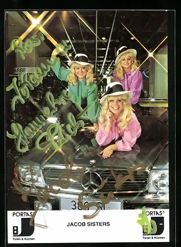 AK Musikerinnen der Gruppe Jacob Sisters sitzen auf einem Mercedes, original Autograph