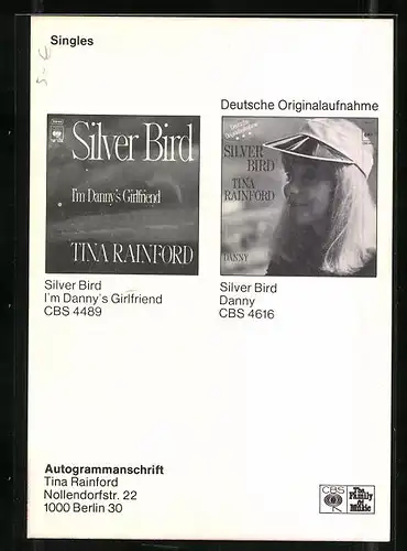 AK Musikerin Tina Rainford im Porträt, original Autograph
