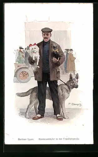 Künstler-AK Berlin, Berliner Typen, Hundeverkäufer in der Friedrichstrasse