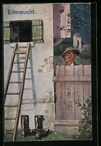 AK Eifersucht, Mann pinkelt durch Zaun in einen Stifel, Toilettenhumor