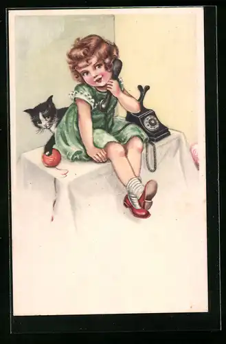 AK Kleines Mädchen mit Katze am Telefon