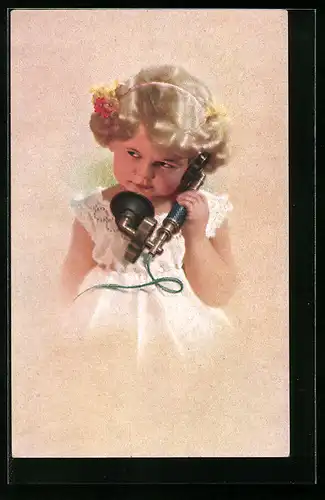 AK Mädchen im weissen Kleid am Telefon