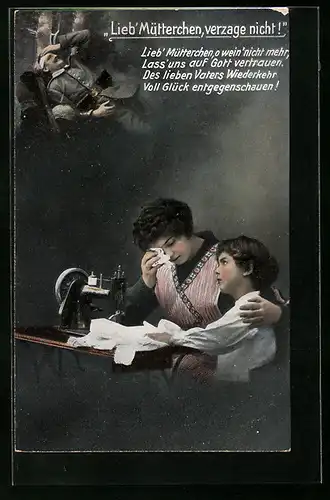 AK Mutter an Nähmaschine weint