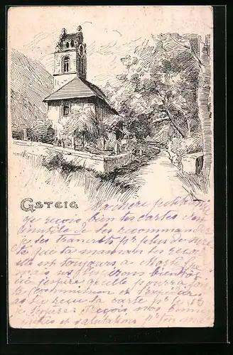 Künstler-AK Gsteig, Ortspartie mit Kirche