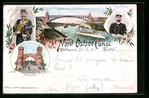 Vorläufer-Lithographie Holtenau, 1895, Nord Ostsee Kanal, Hochbrücke bei Levensau, Haupteingang der Hochbrücke