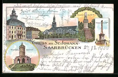 Lithographie Saarbrücken-St. Johann, Schlossplatz, Winterberg-Denkmal, Denkmal der 40er
