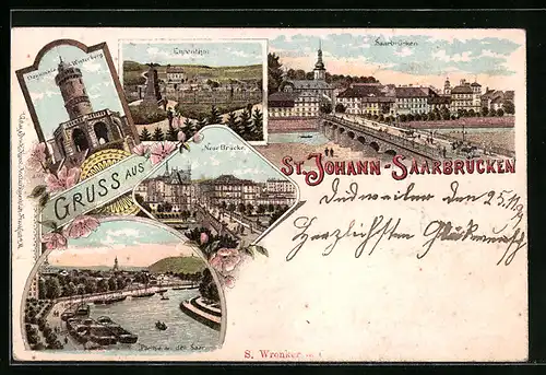 Lithographie Saarbrücken-St. Johann, Partie an der Saar, Neue Brücke, Denkmal a. d. Winterberg