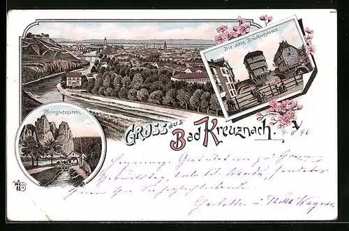 Lithographie Bad Kreuznach, Teilansicht, Die alten Brückenhäuser, Rheingrafenstein