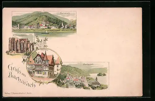 Lithographie Bacharach, Uferpartie, St. Wernerkapelle, Altes Haus