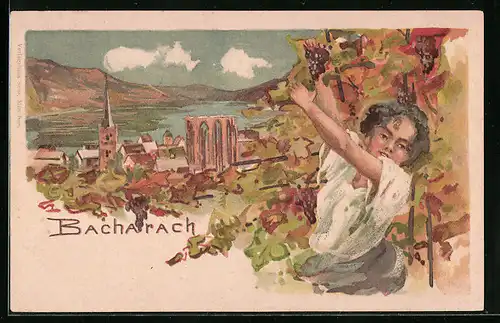 Lithographie Bacharach, Teilansicht, Frau mit Trauben
