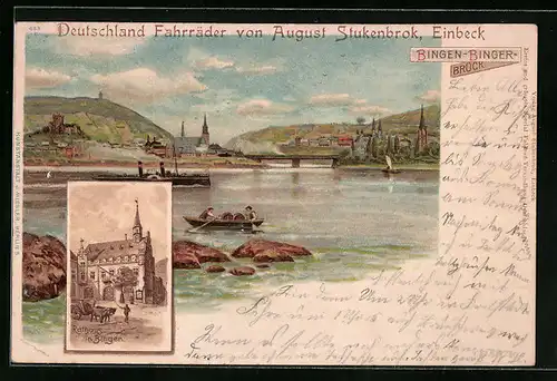 Lithographie Bingen-Bingerbrück, Rathaus, Uferpartie, Reklame für Deutschland Fahrräder von August Stukenbrok Einbeck