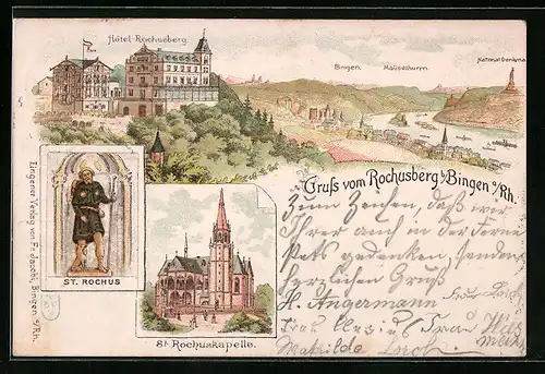 Vorläufer-Lithographie Bingen a. Rh., 1895, Hotel Rochusberg mit Teilansicht, Mäuseturm und Nationaldenkmal