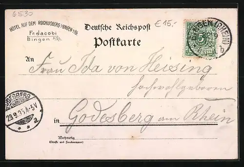Vorläufer-Lithographie Bingen a. Rh., 1895, Hotel Rochusberg mit Teilansicht, Mäuseturm und Nationaldenkmal
