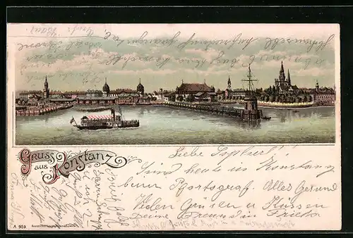 Lithographie Konstanz, Panorama mit Dampfer