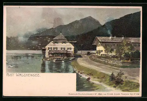 Künstler-AK Walchensee, Post Walchensee mit Strasse und See
