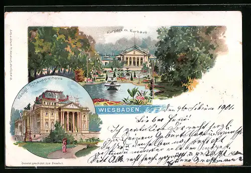 Lithographie Wiesbaden, Kurpark mit Kurhaus, Schauspielhaus