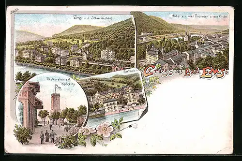 Lithographie Bad Ems, Teilansicht mit Hotel z. d. vier Thürmen, Restauration a. d. Bederley