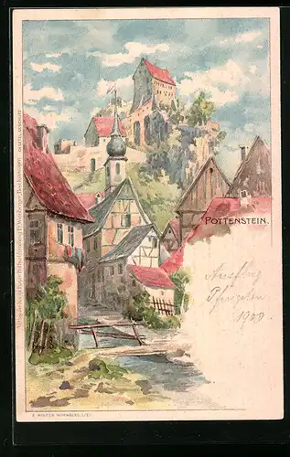 Künstler-AK Pottenstein, Strassenpartie mit Fluss