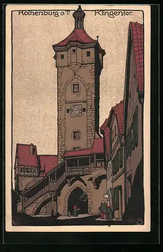 Steindruck-AK Rothenburg o. T., Blick auf Klingentor