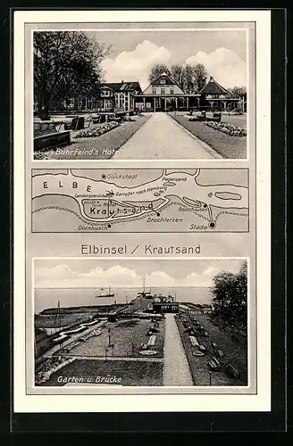 AK Krautsand /Elbe, Buhrfeind`s Hotel, Garten und Brücke, Landkarte mit Drochtersen, Stade und Brunshausen