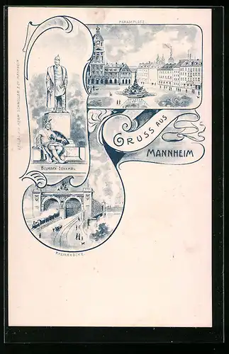 Lithographie Mannheim, Paradeplatz mit Brunnen, Bismarck-Denkmal, Rheinbrücke