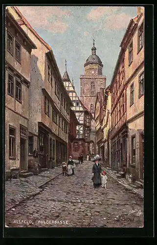 Künstler-AK Alsfeld, Strasse Fuldergasse mit Passanten