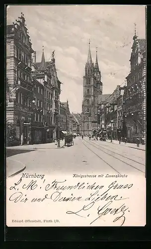 AK Nürnberg, Königsstrasse mit Gasthof Weisser Hahn und Lorenzkirche