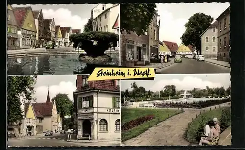 AK Steinheim i. Westf., Strassenpartie mit Brunnen, Freibad