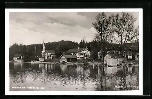 AK Ambach am Starnbergersee, Ortspartie mit Gasthaus und Kirche, See