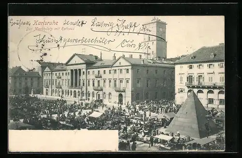 AK Karlsruhe, Marktplatz mit Rathaus