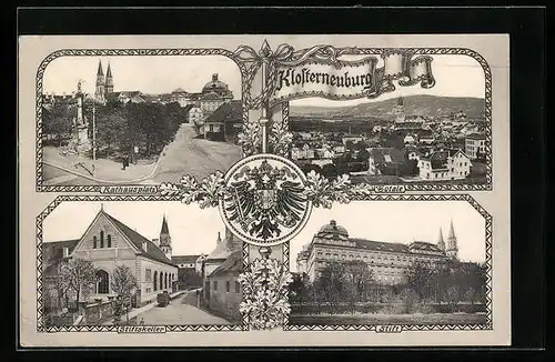 AK Klosterneuburg, Ortsansicht aus der Vogelschau, Stift, Stiftskeller, Rathausplatz, Wappen