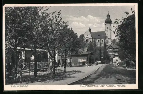 AK Bad Altheide, Hauptstrasse und kathol. Kirche