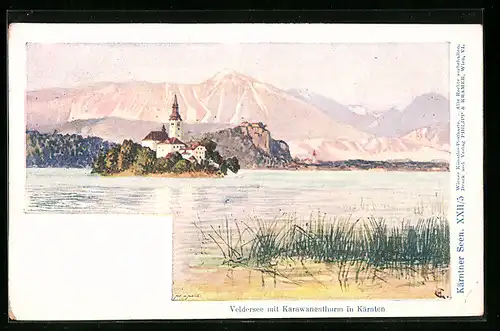 Künstler-AK Veldes, Ortsansicht mit Kirche und See
