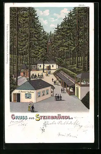 Lithographie Krummnussbaum, Steinbründl mit J. Renner`s Gasthaus
