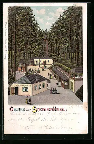 Lithographie Krummnussbaum, Steinbründl mit J. Renner`s Gasthaus
