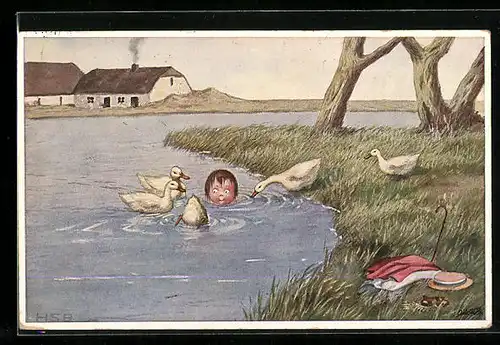 Künstler-AK H.S.B.: Junge im Ententeich