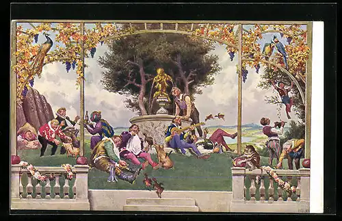 Künstler-AK Paul Hey: Märchen Schlaraffenland, Szene am Brunnen