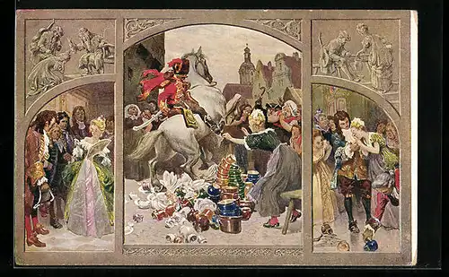 Künstler-AK Paul Hey: Reiter zerstört Geschirr im Märchen König Drosselbart