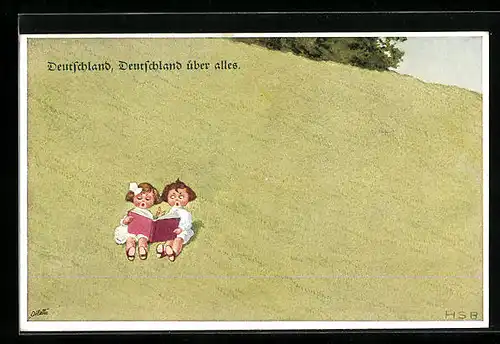 Künstler-AK H.S.B.: Deutschland, Deutschland über alles, Zwei Kinder lesen ein Buch