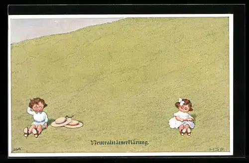 Künstler-AK H.S.B.: Neutralitätserklärung, 2 Kinder auf einer Wiese