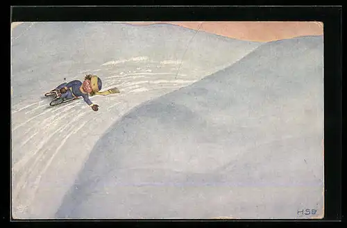 Künstler-AK H.S.B.: Kind fährt Schlitten