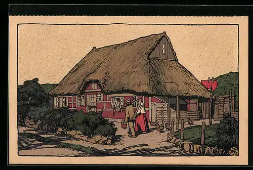 Steindruck-AK Schleswig-Holstein, Bauernhäuser, Hühner