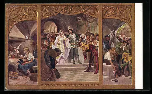 Künstler-AK Paul Hey: Wichtige Szenen aus dem Märchen Aschenputtel