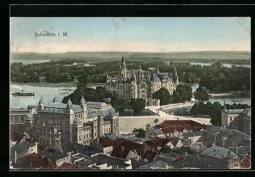 AK Schwerin, Ortspartie mit Schloss aus der Vogelschau
