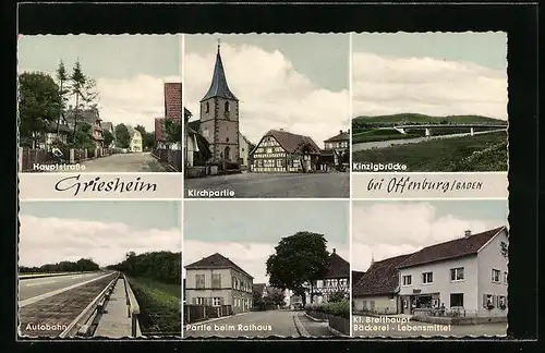 AK Griesheim, Hauptstrasse, Kirchpartie, Autobahn, Blick zum Rathaus, Kinzigbrücke und Geschäft von Kl. Breithaupt