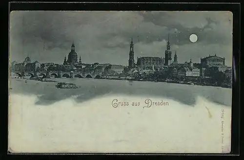 Mondschein-AK Dresden, Panorama mit Elbpartie