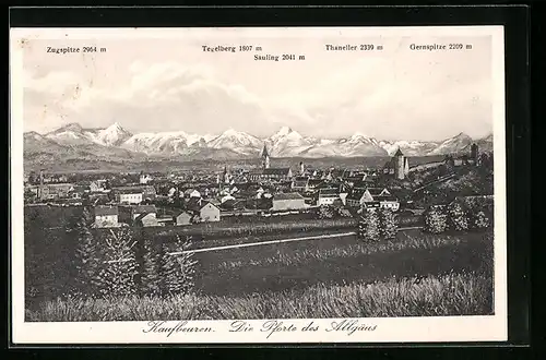 AK Kaufbeuren, Generalansicht mit Blick auf die Zugspitze, Tegelberg, Thaneller und Gernspitze