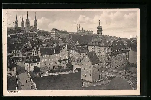 AK Bamberg, Blick über die Dächer der Stadt, Brücke am Stadttor